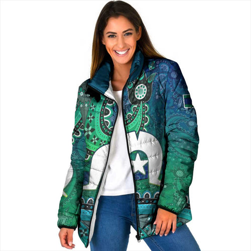 Torres Strait Islands Padded Jacket Dhari Emblem Vibrant Teal Indigenous
