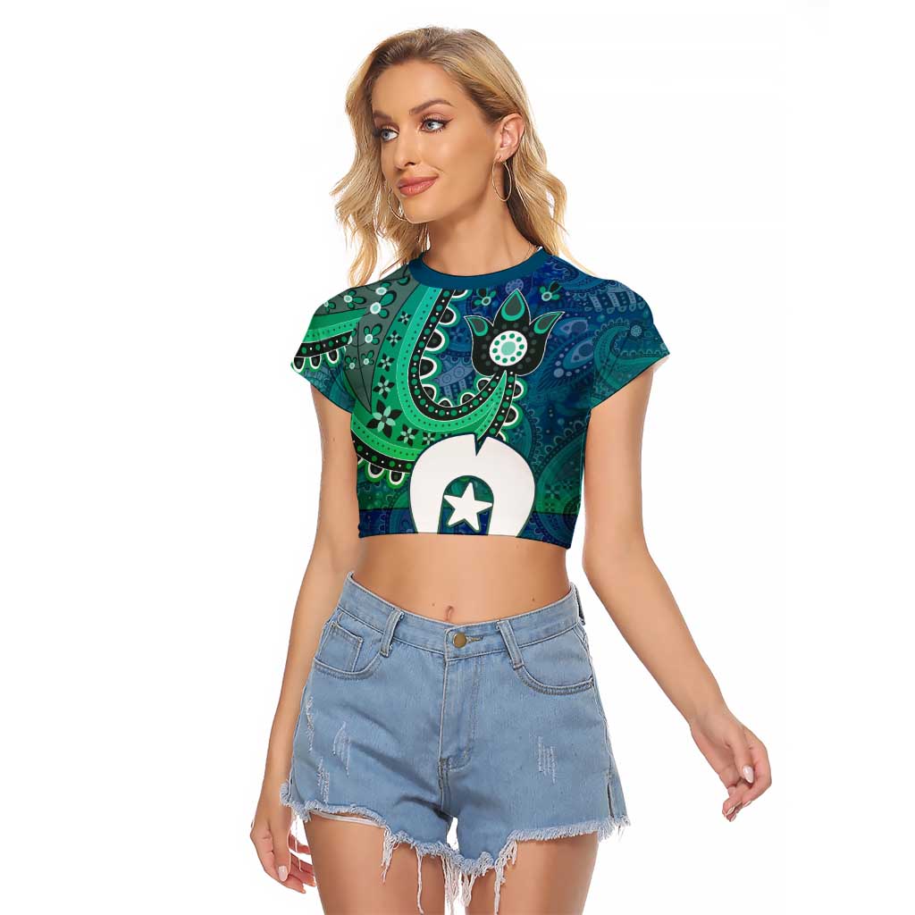 Torres Strait Islands Raglan Cropped T Shirt Dhari Emblem Vibrant Teal Indigenous