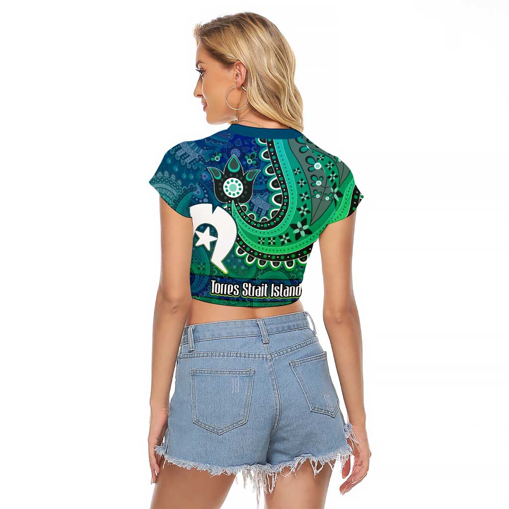 Torres Strait Islands Raglan Cropped T Shirt Dhari Emblem Vibrant Teal Indigenous