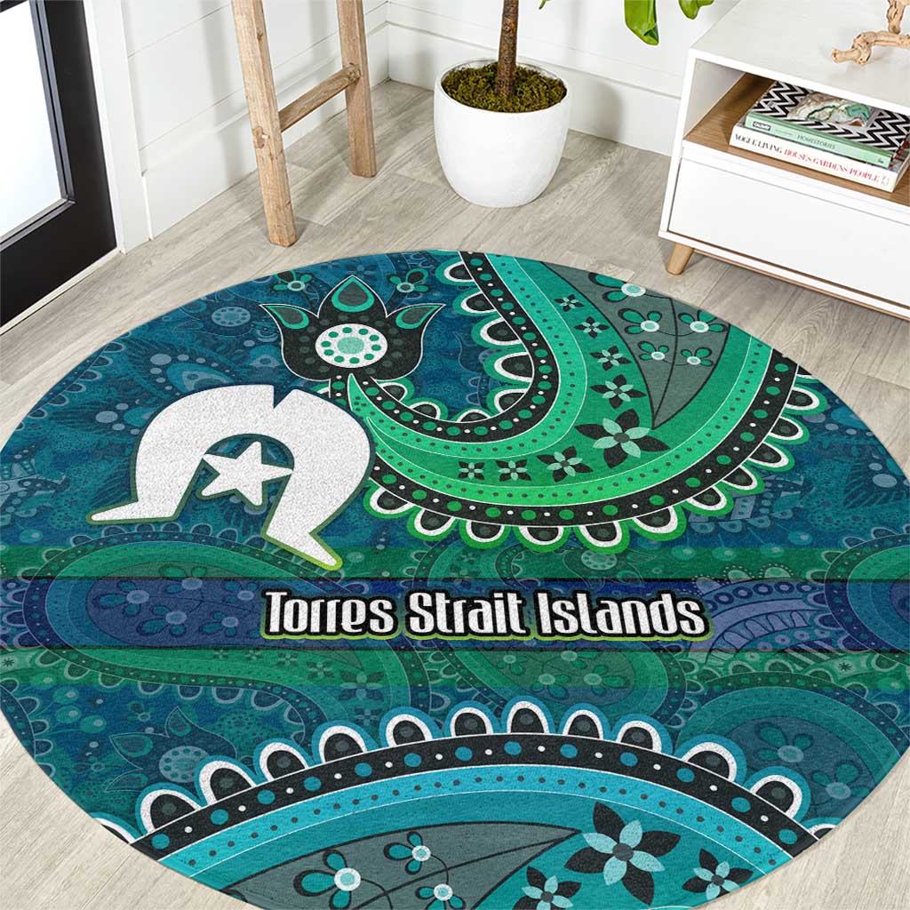 Torres Strait Islands Round Carpet Dhari Emblem Vibrant Teal Indigenous