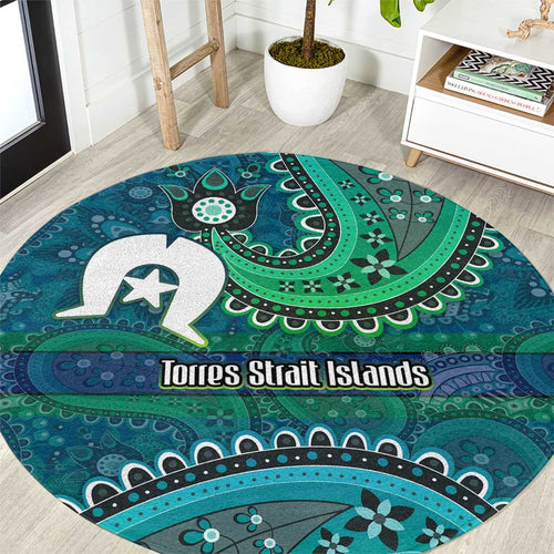 Torres Strait Islands Round Carpet Dhari Emblem Vibrant Teal Indigenous