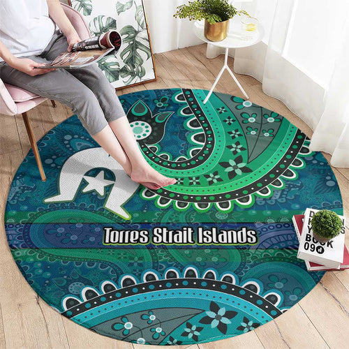Torres Strait Islands Round Carpet Dhari Emblem Vibrant Teal Indigenous