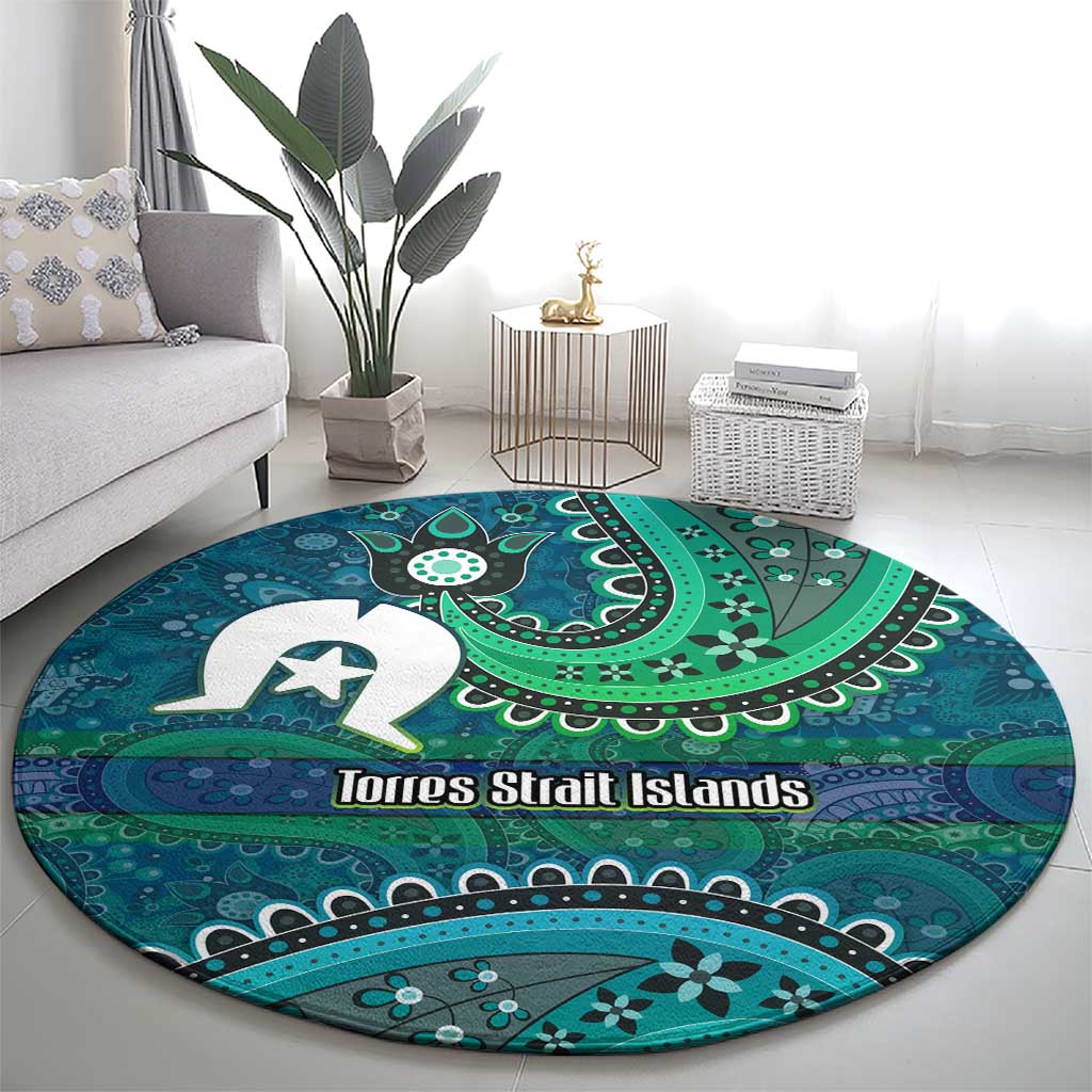 Torres Strait Islands Round Carpet Dhari Emblem Vibrant Teal Indigenous