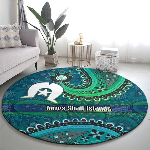 Torres Strait Islands Round Carpet Dhari Emblem Vibrant Teal Indigenous