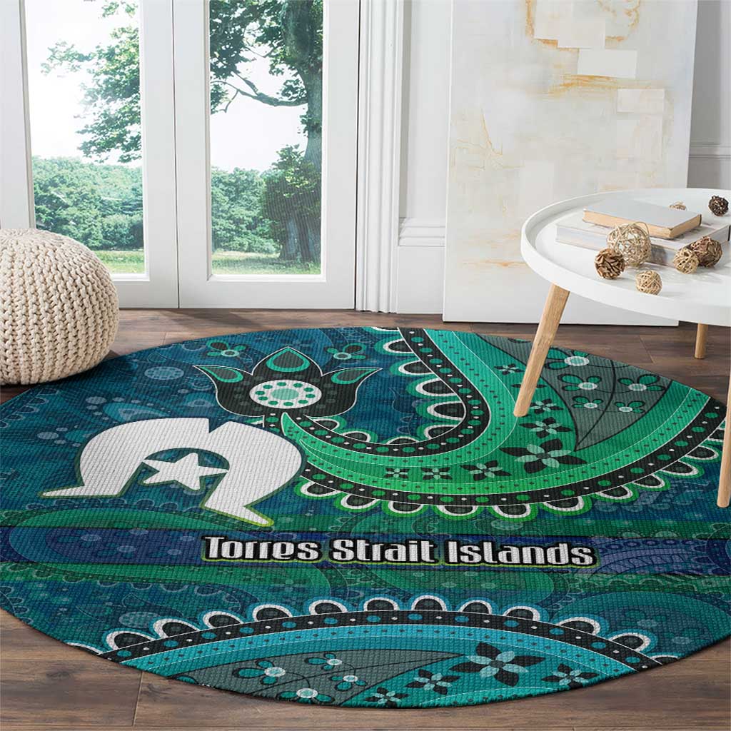 Torres Strait Islands Round Carpet Dhari Emblem Vibrant Teal Indigenous
