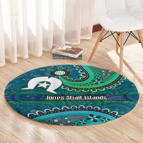 Torres Strait Islands Round Carpet Dhari Emblem Vibrant Teal Indigenous