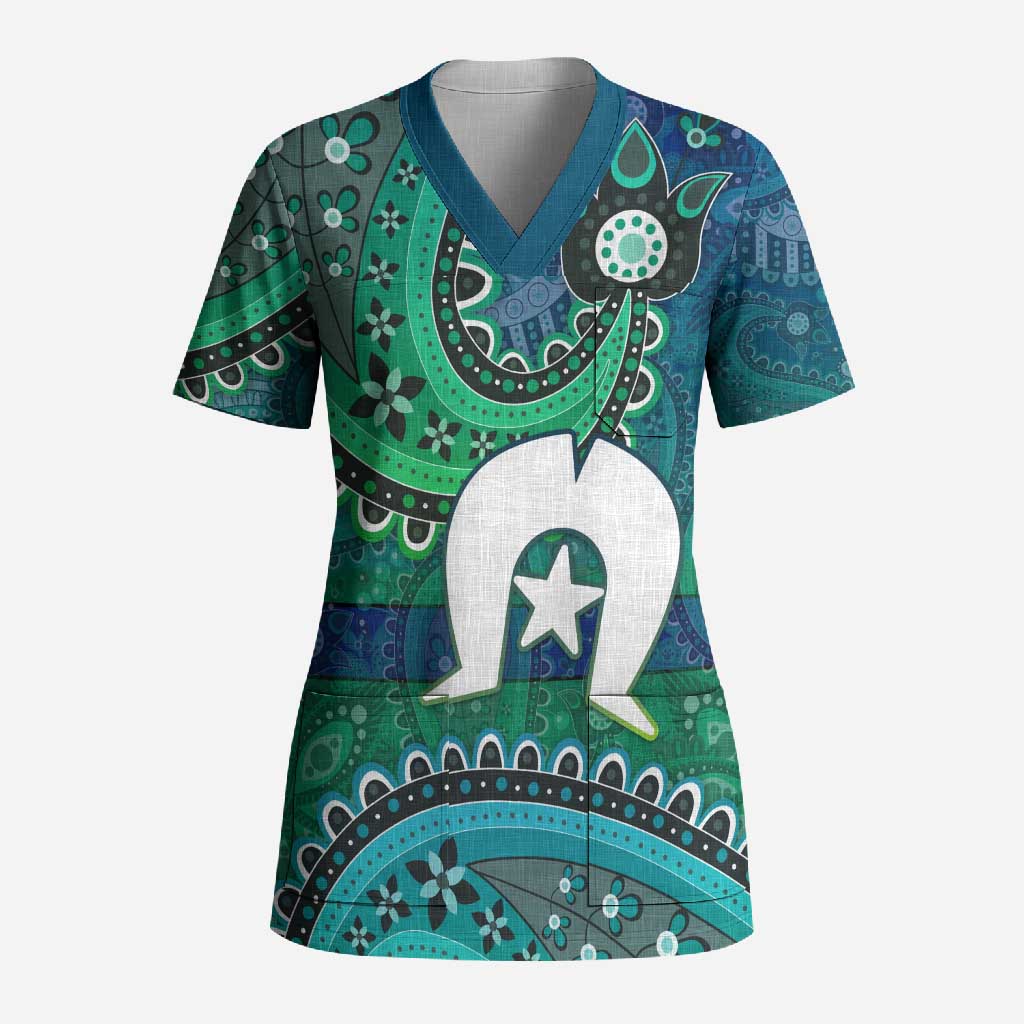 Torres Strait Islands Scrub Top Dhari Emblem Vibrant Teal Indigenous