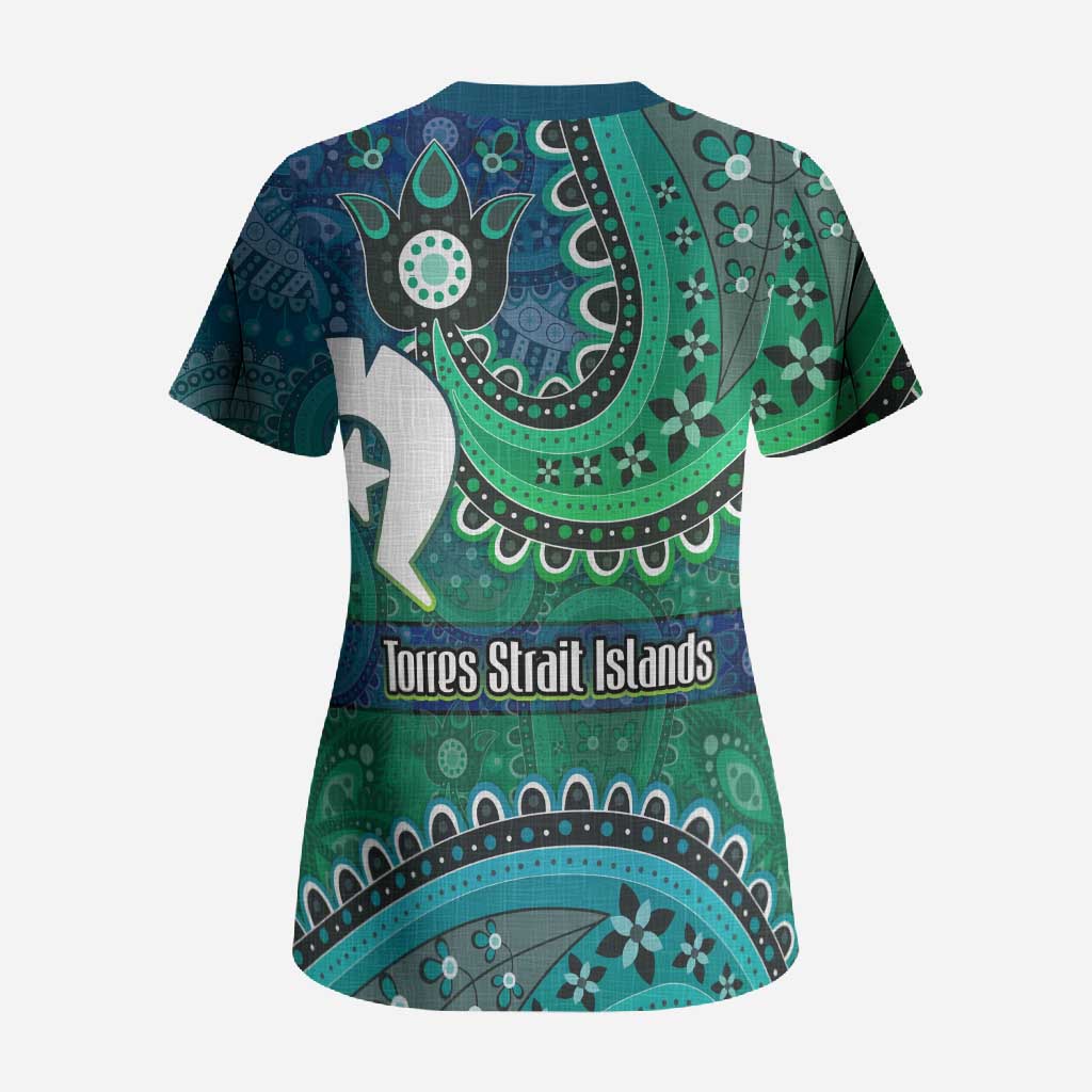 Torres Strait Islands Scrub Top Dhari Emblem Vibrant Teal Indigenous