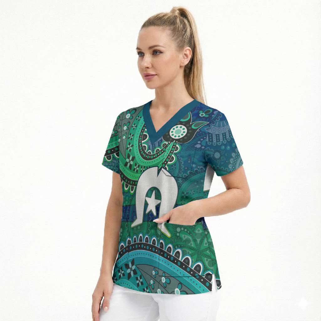 Torres Strait Islands Scrub Top Dhari Emblem Vibrant Teal Indigenous