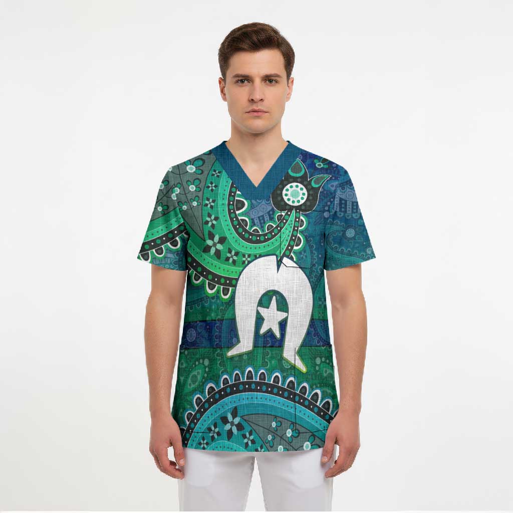 Torres Strait Islands Scrub Top Dhari Emblem Vibrant Teal Indigenous