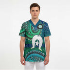 Torres Strait Islands Scrub Top Dhari Emblem Vibrant Teal Indigenous