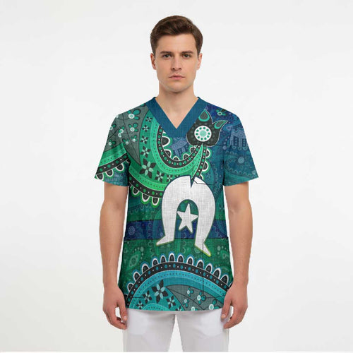 Torres Strait Islands Scrub Top Dhari Emblem Vibrant Teal Indigenous