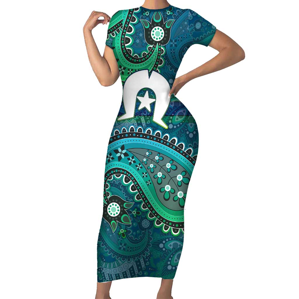 Torres Strait Islands Short Sleeve Bodycon Dress Dhari Emblem Vibrant Teal Indigenous