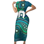Torres Strait Islands Short Sleeve Bodycon Dress Dhari Emblem Vibrant Teal Indigenous