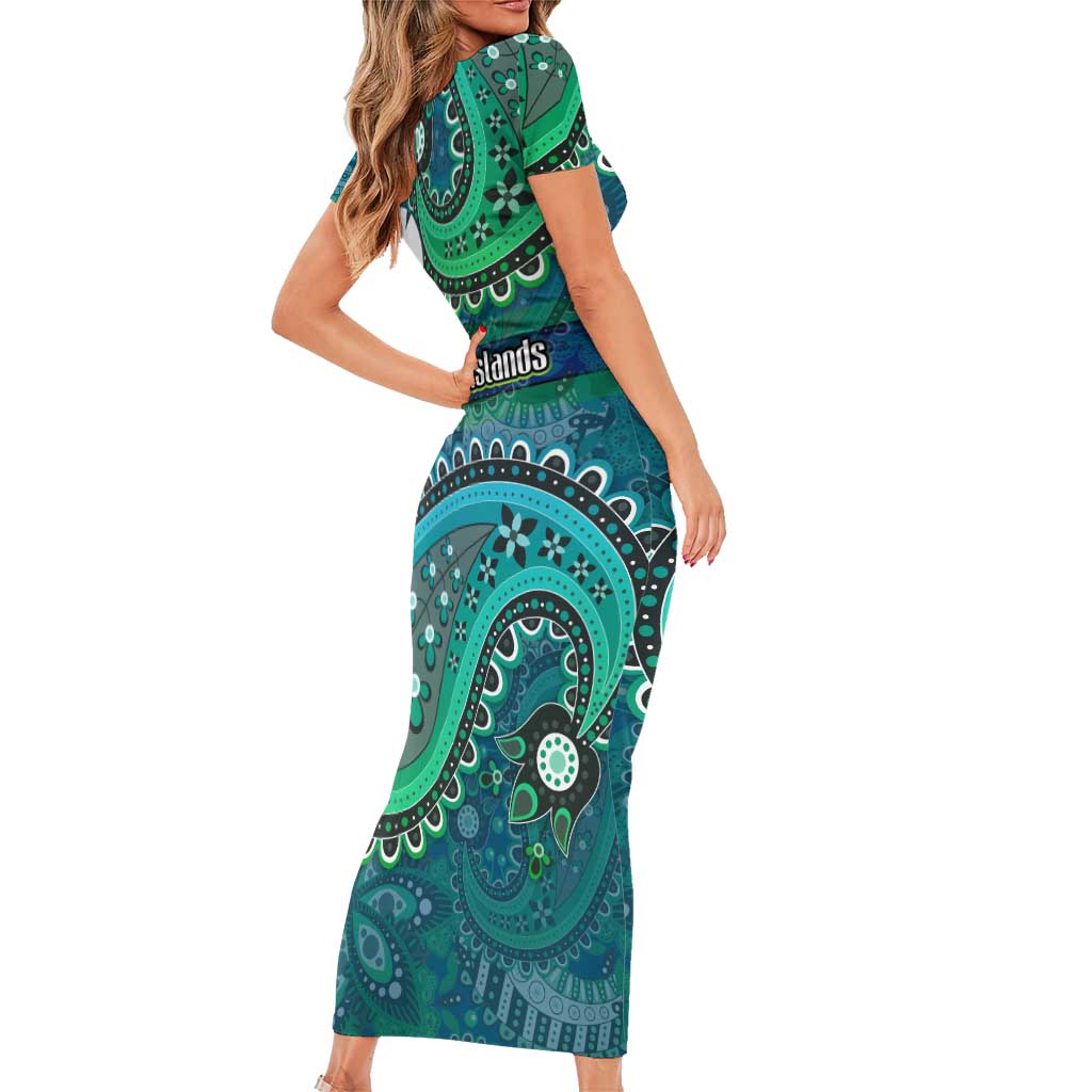 Torres Strait Islands Short Sleeve Bodycon Dress Dhari Emblem Vibrant Teal Indigenous