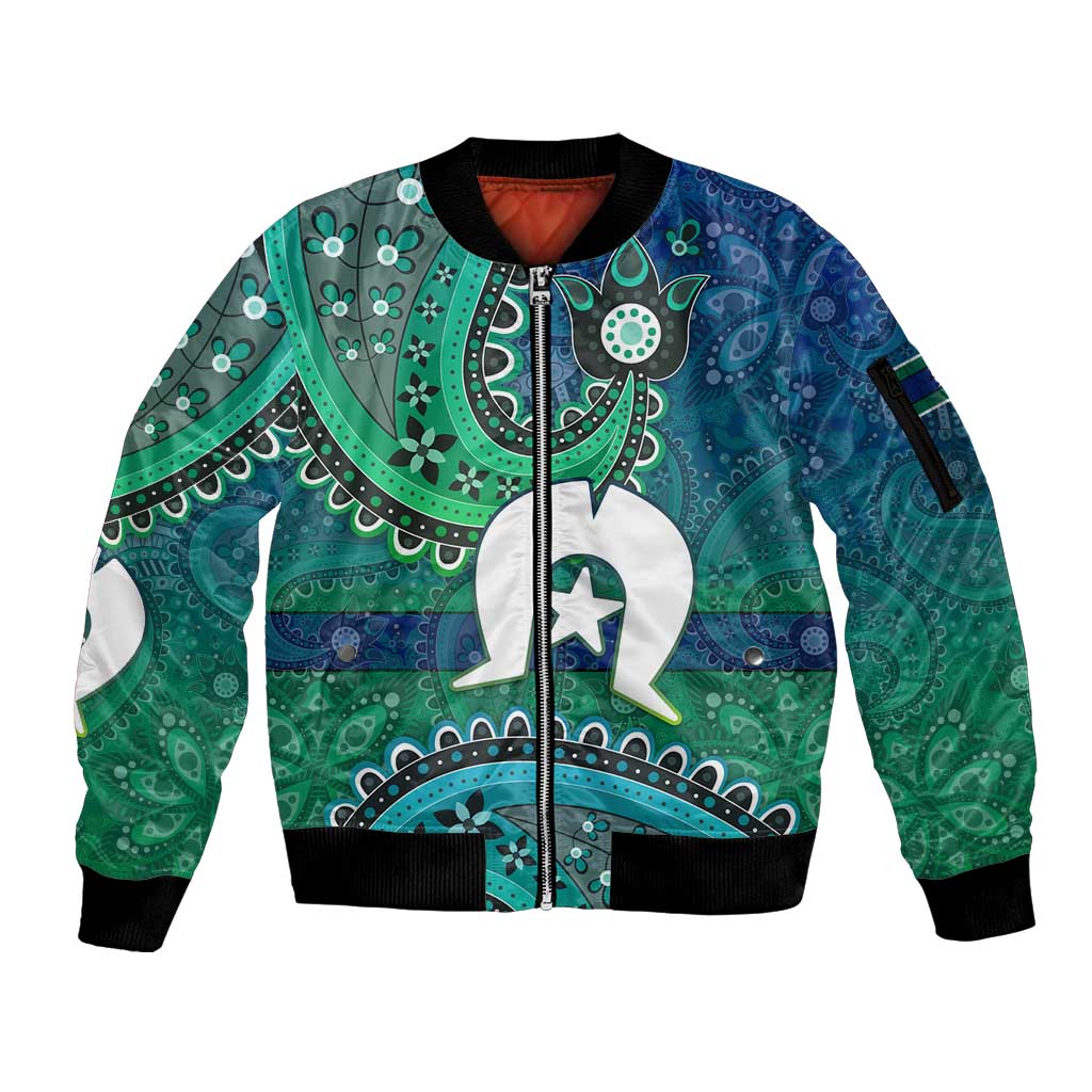 Torres Strait Islands Sleeve Zip Bomber Jacket Dhari Emblem Vibrant Teal Indigenous