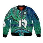 Torres Strait Islands Sleeve Zip Bomber Jacket Dhari Emblem Vibrant Teal Indigenous