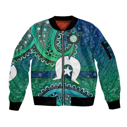 Torres Strait Islands Sleeve Zip Bomber Jacket Dhari Emblem Vibrant Teal Indigenous