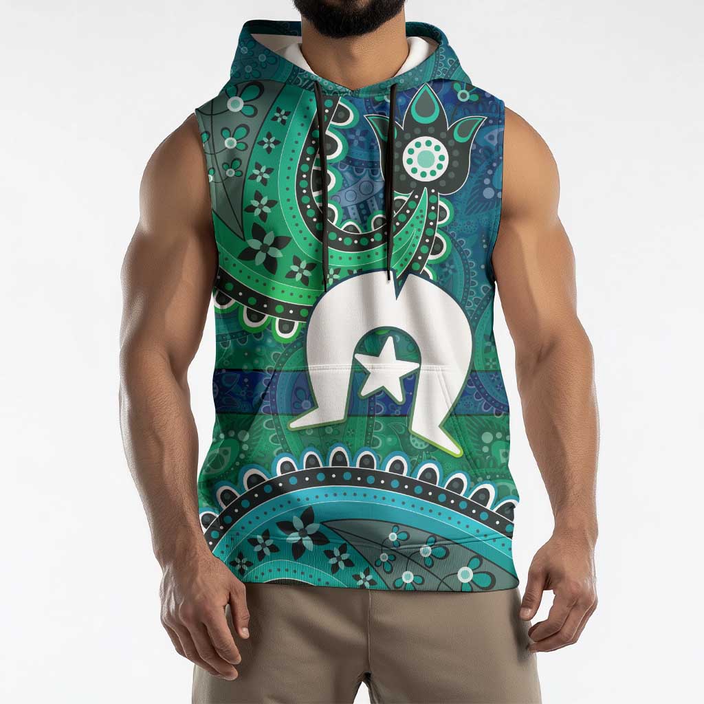 Torres Strait Islands Sleeveless Hoodie Dhari Emblem Vibrant Teal Indigenous