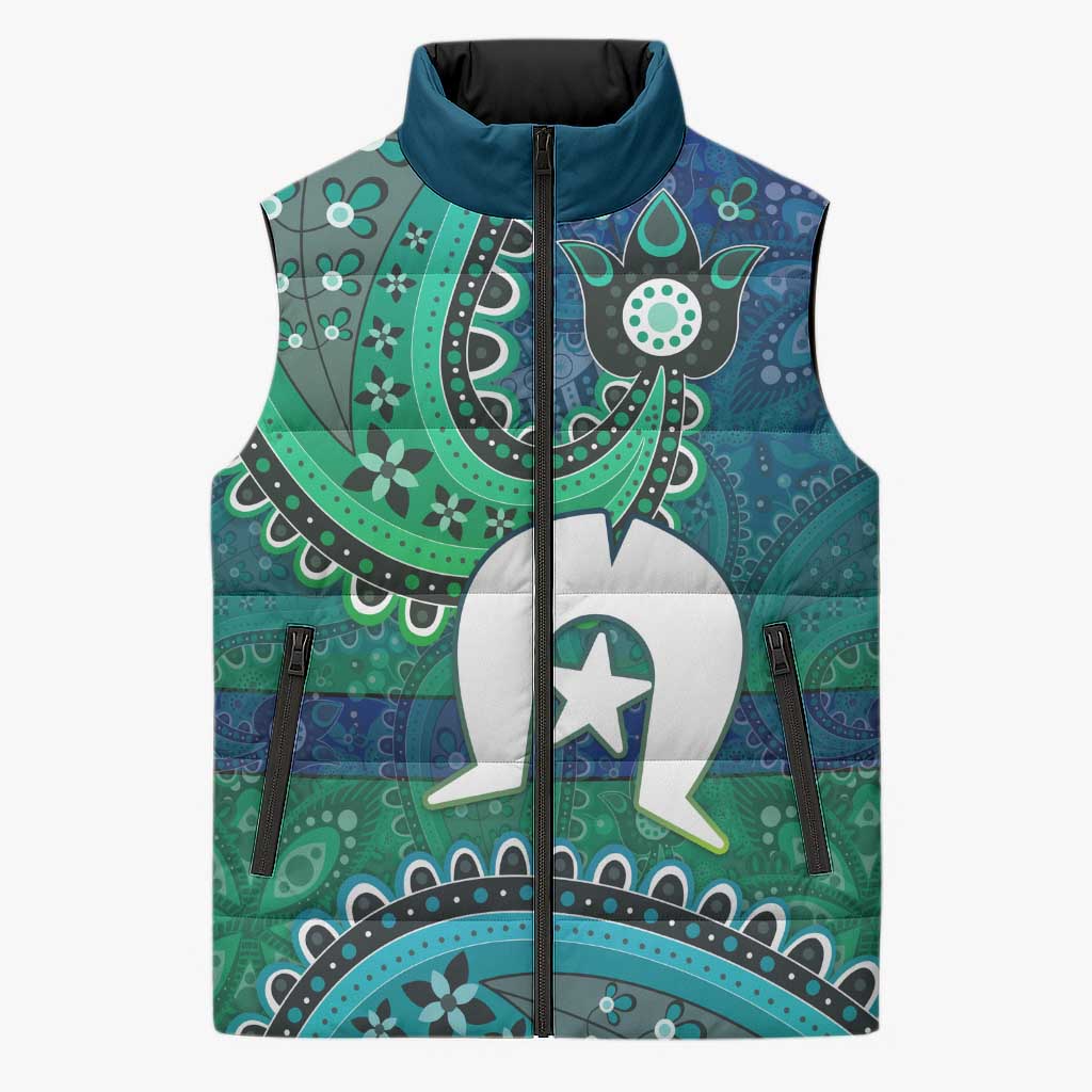 Torres Strait Islands Sleeveless Puffer Jacket Dhari Emblem Vibrant Teal Indigenous