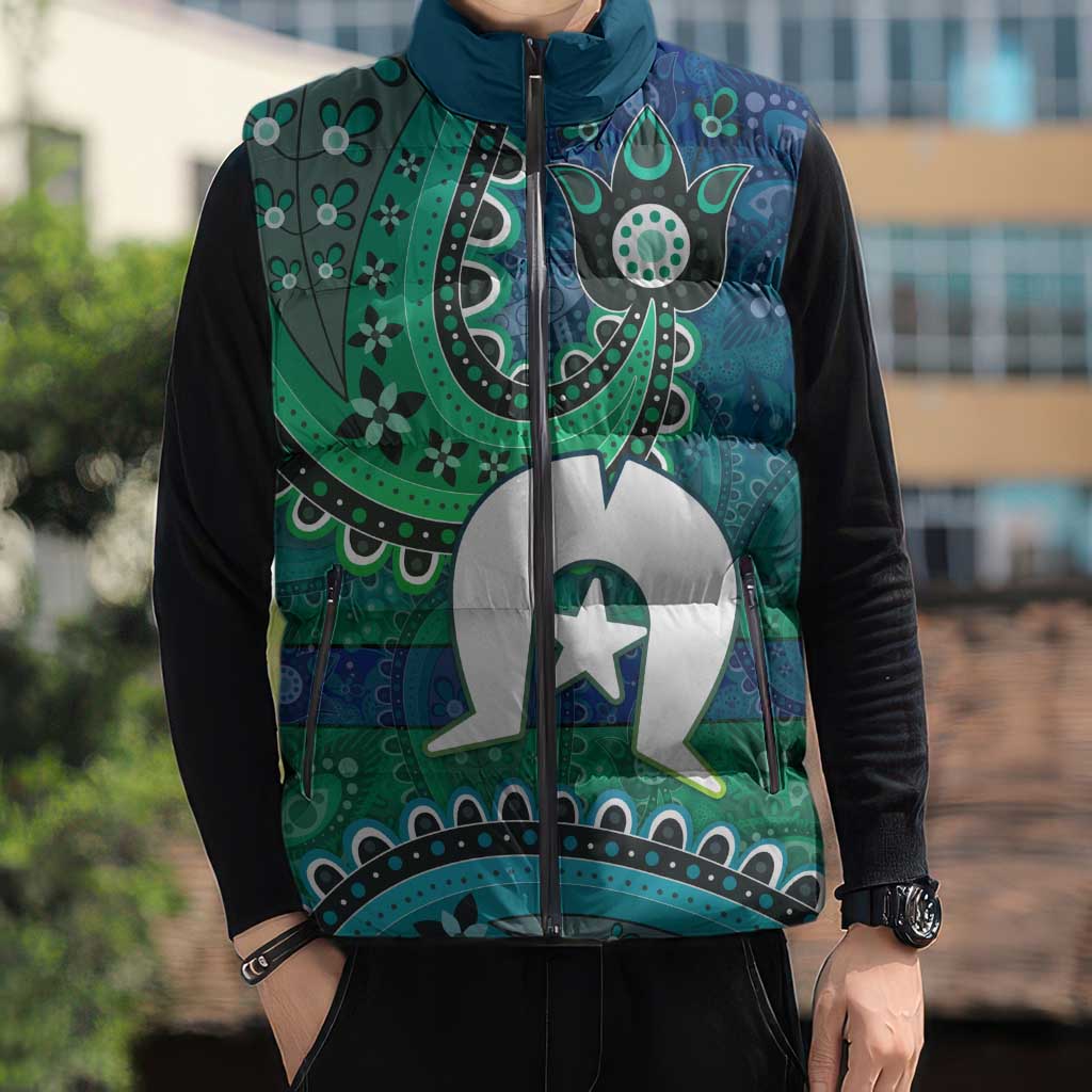Torres Strait Islands Sleeveless Puffer Jacket Dhari Emblem Vibrant Teal Indigenous
