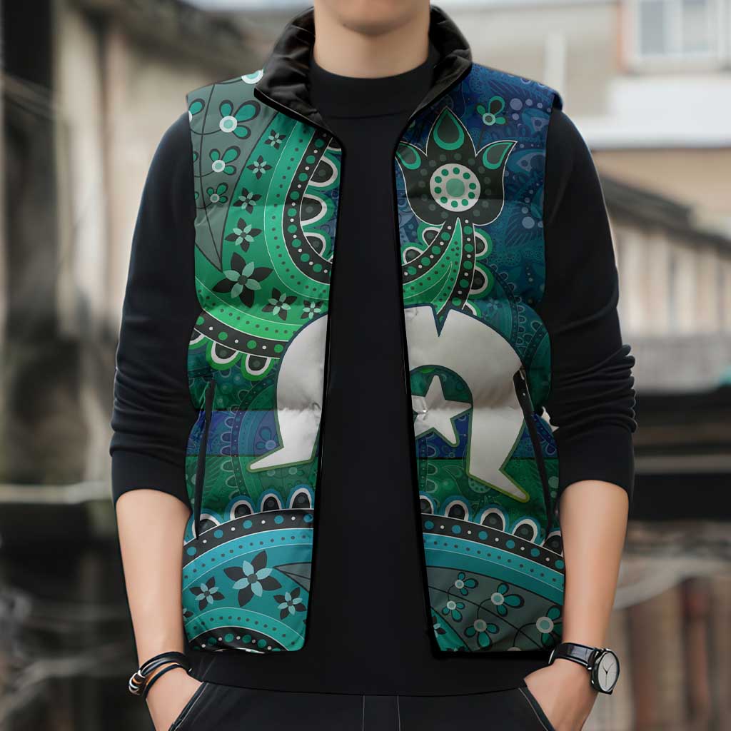 Torres Strait Islands Sleeveless Puffer Jacket Dhari Emblem Vibrant Teal Indigenous