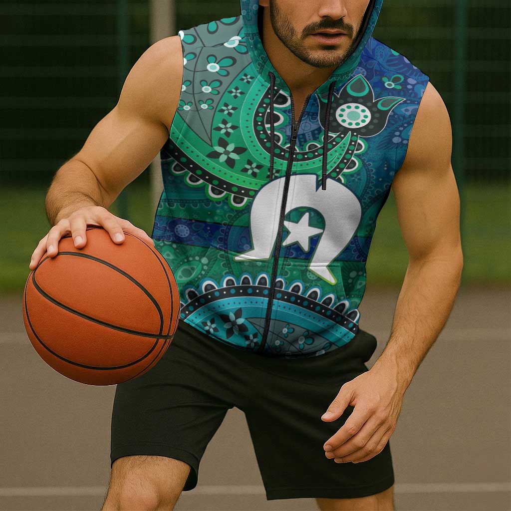 Torres Strait Islands Sleeveless Zip Hoodie Dhari Emblem Vibrant Teal Indigenous