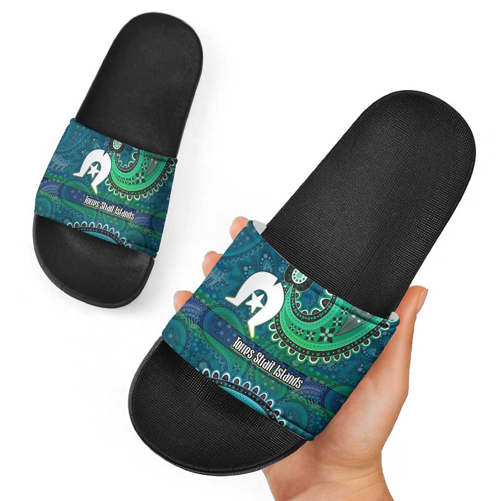Torres Strait Islands Slide Sandals Dhari Emblem Vibrant Teal Indigenous