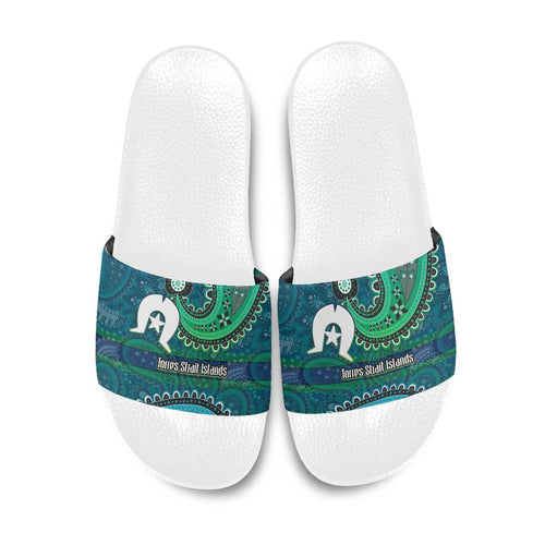 Torres Strait Islands Slide Sandals Dhari Emblem Vibrant Teal Indigenous