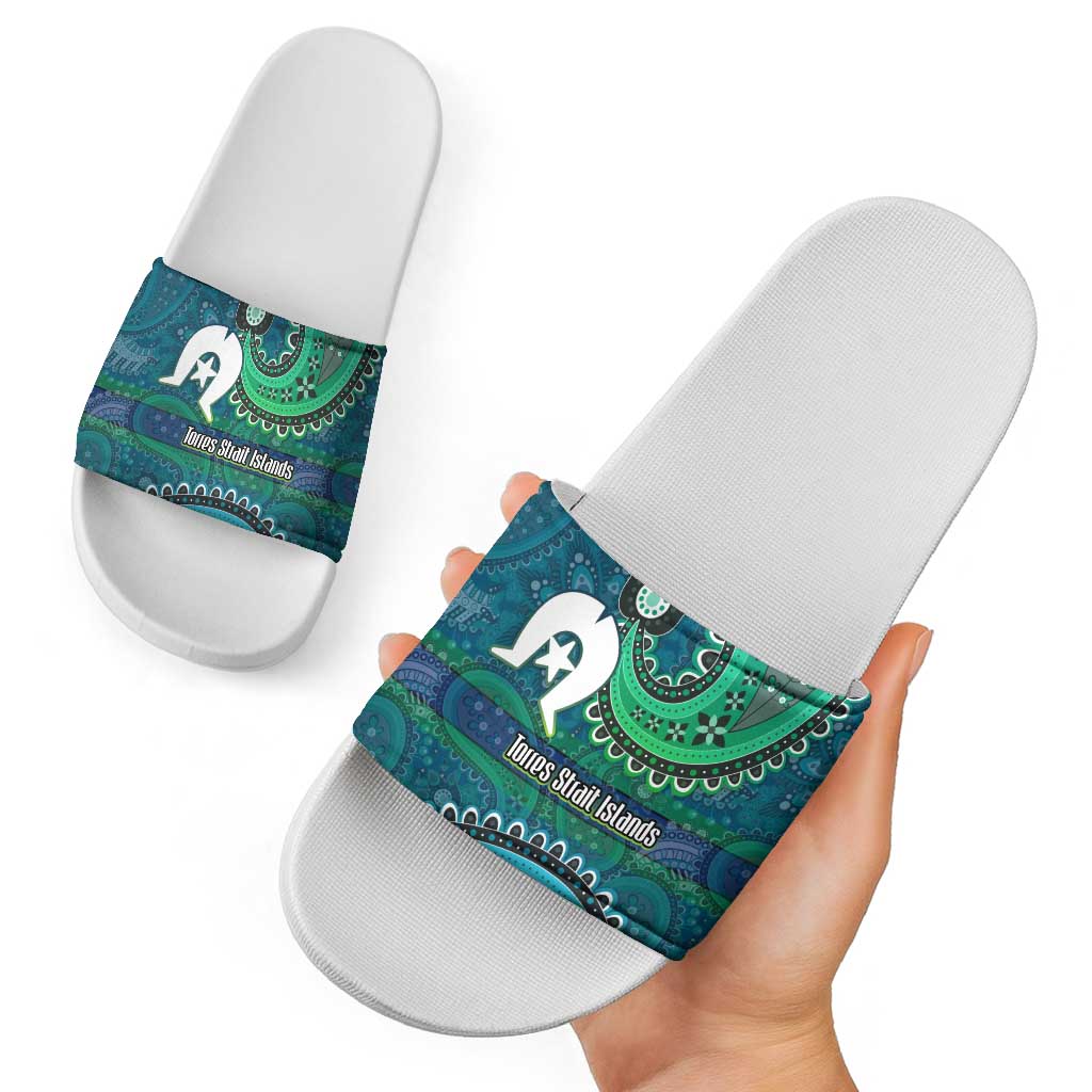 Torres Strait Islands Slide Sandals Dhari Emblem Vibrant Teal Indigenous