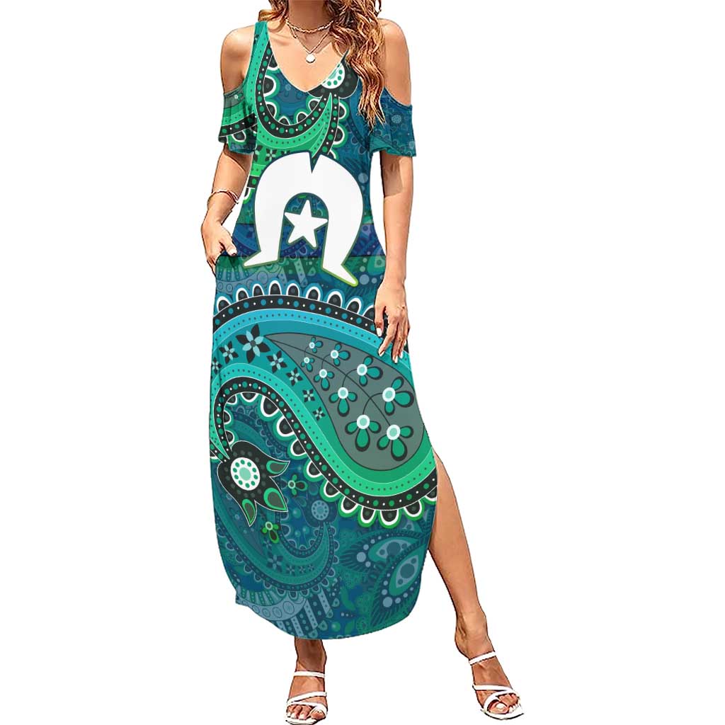 Torres Strait Islands Summer Maxi Dress Dhari Emblem Vibrant Teal Indigenous