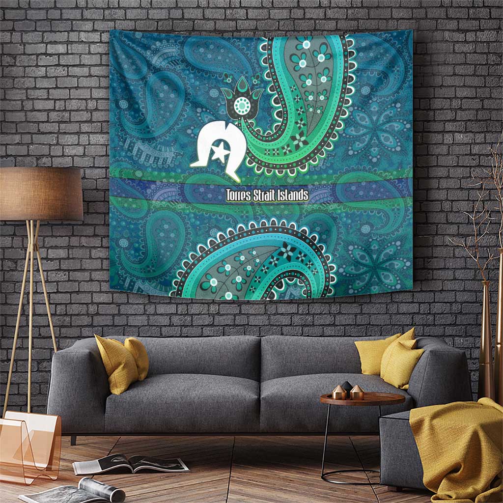 Torres Strait Islands Tapestry Dhari Emblem Vibrant Teal Indigenous