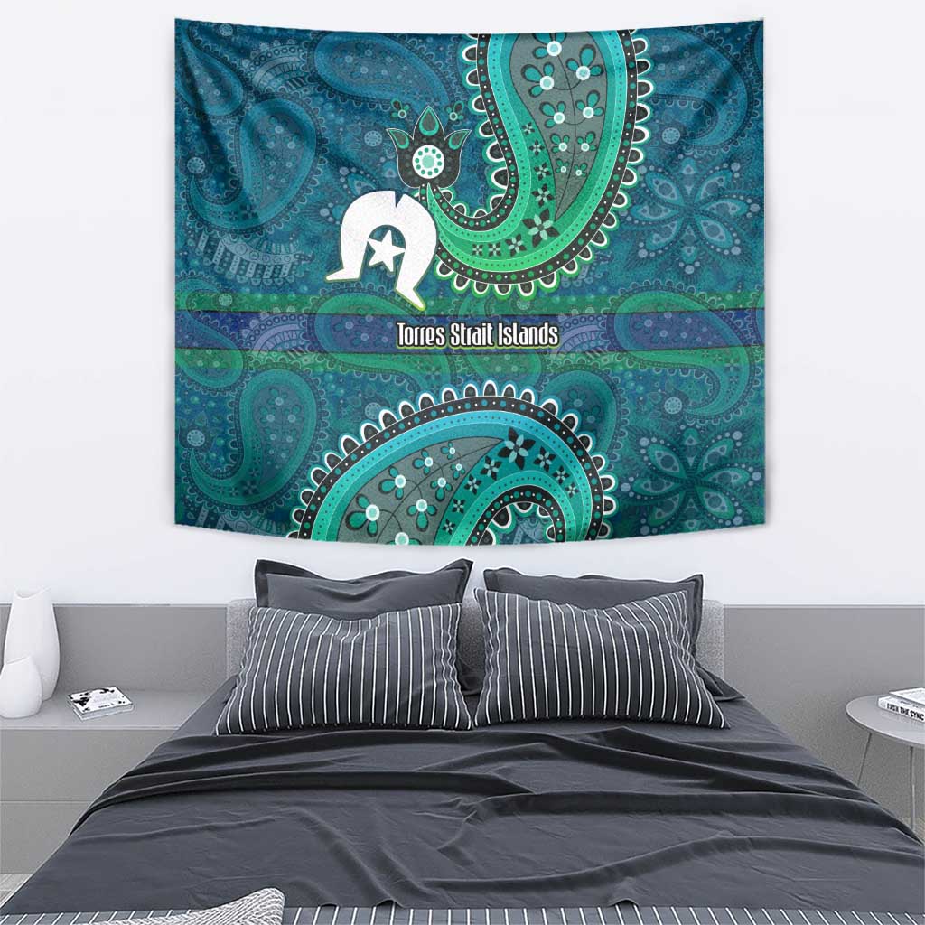 Torres Strait Islands Tapestry Dhari Emblem Vibrant Teal Indigenous