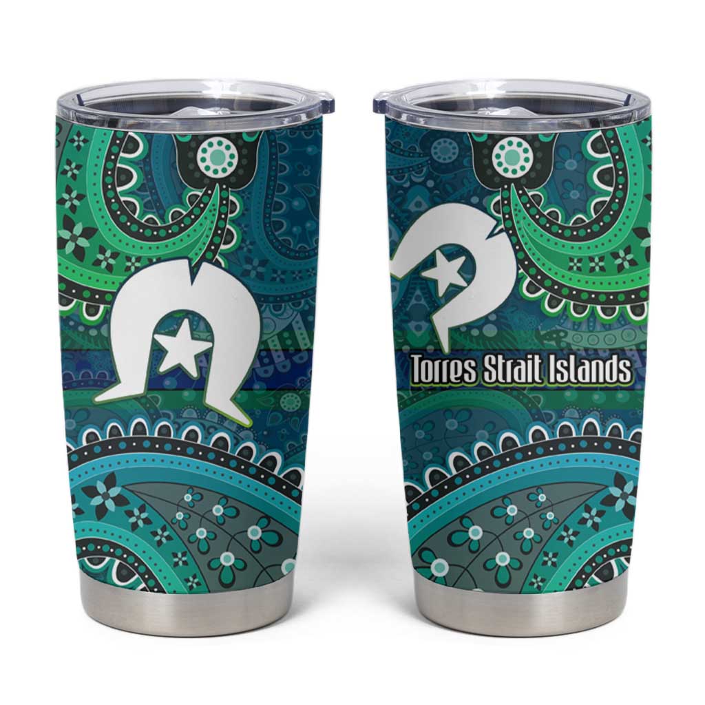 Torres Strait Islands Tumbler Cup Dhari Emblem Vibrant Teal Indigenous