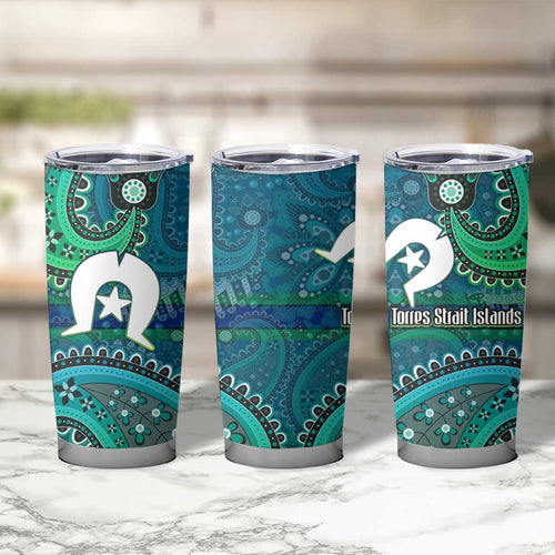Torres Strait Islands Tumbler Cup Dhari Emblem Vibrant Teal Indigenous