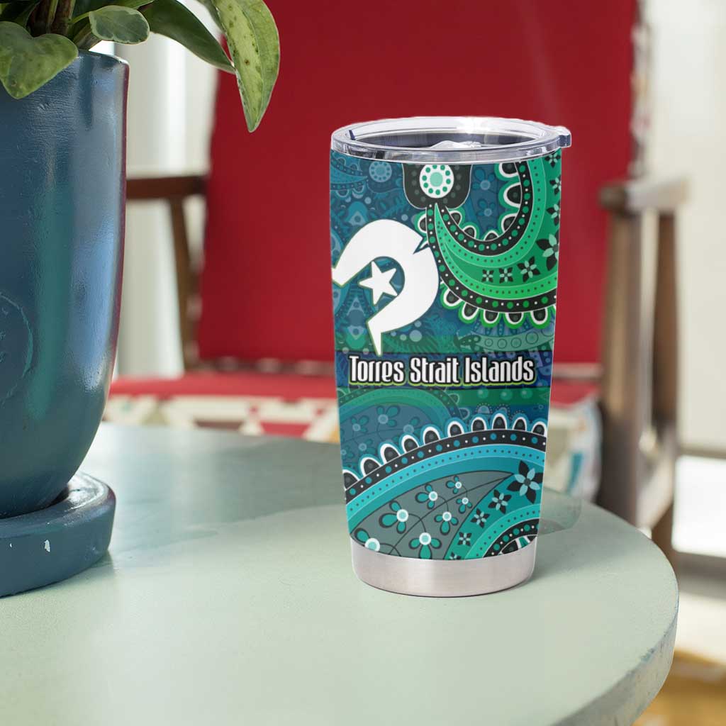 Torres Strait Islands Tumbler Cup Dhari Emblem Vibrant Teal Indigenous