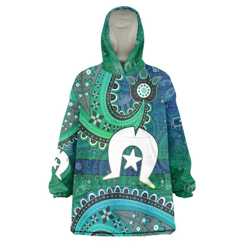 Torres Strait Islands Wearable Blanket Hoodie Dhari Emblem Vibrant Teal Indigenous