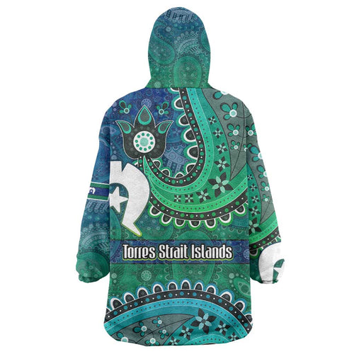 Torres Strait Islands Wearable Blanket Hoodie Dhari Emblem Vibrant Teal Indigenous
