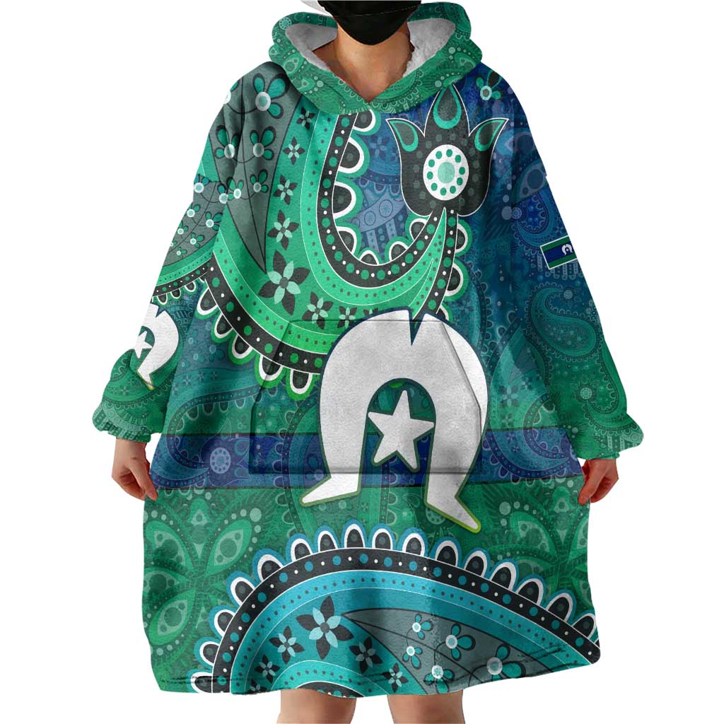 Torres Strait Islands Wearable Blanket Hoodie Dhari Emblem Vibrant Teal Indigenous