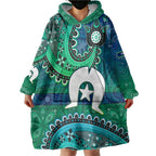 Torres Strait Islands Wearable Blanket Hoodie Dhari Emblem Vibrant Teal Indigenous