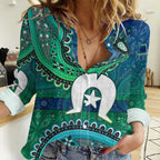 Torres Strait Islands Women Casual Shirt Dhari Emblem Vibrant Teal Indigenous