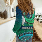 Torres Strait Islands Women Casual Shirt Dhari Emblem Vibrant Teal Indigenous