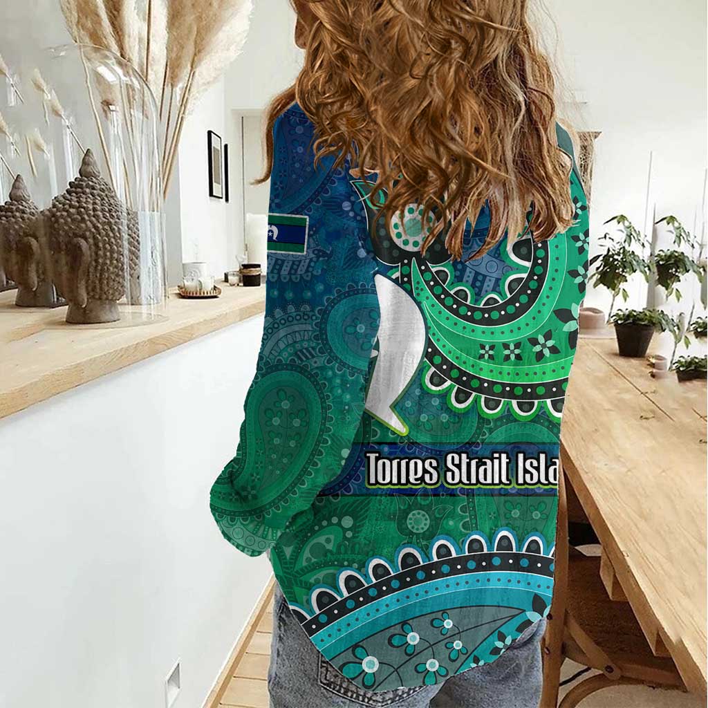 Torres Strait Islands Women Casual Shirt Dhari Emblem Vibrant Teal Indigenous