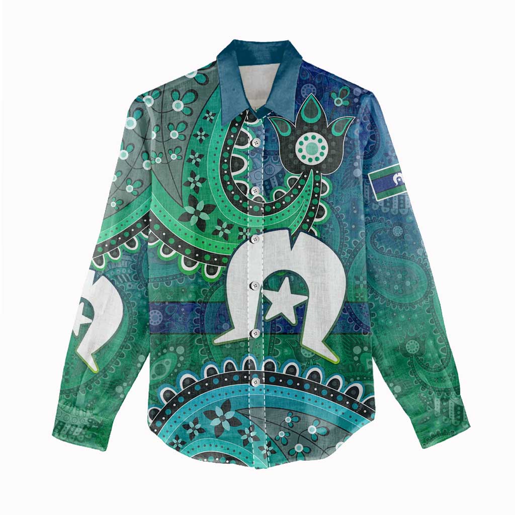 Torres Strait Islands Women Casual Shirt Dhari Emblem Vibrant Teal Indigenous