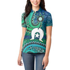 Torres Strait Islands Women Polo Shirt Dhari Emblem Vibrant Teal Indigenous