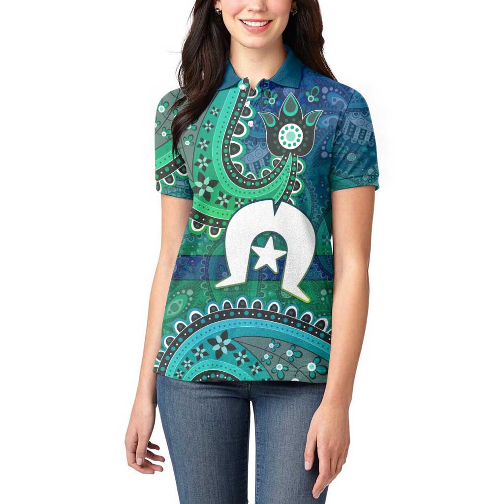 Torres Strait Islands Women Polo Shirt Dhari Emblem Vibrant Teal Indigenous