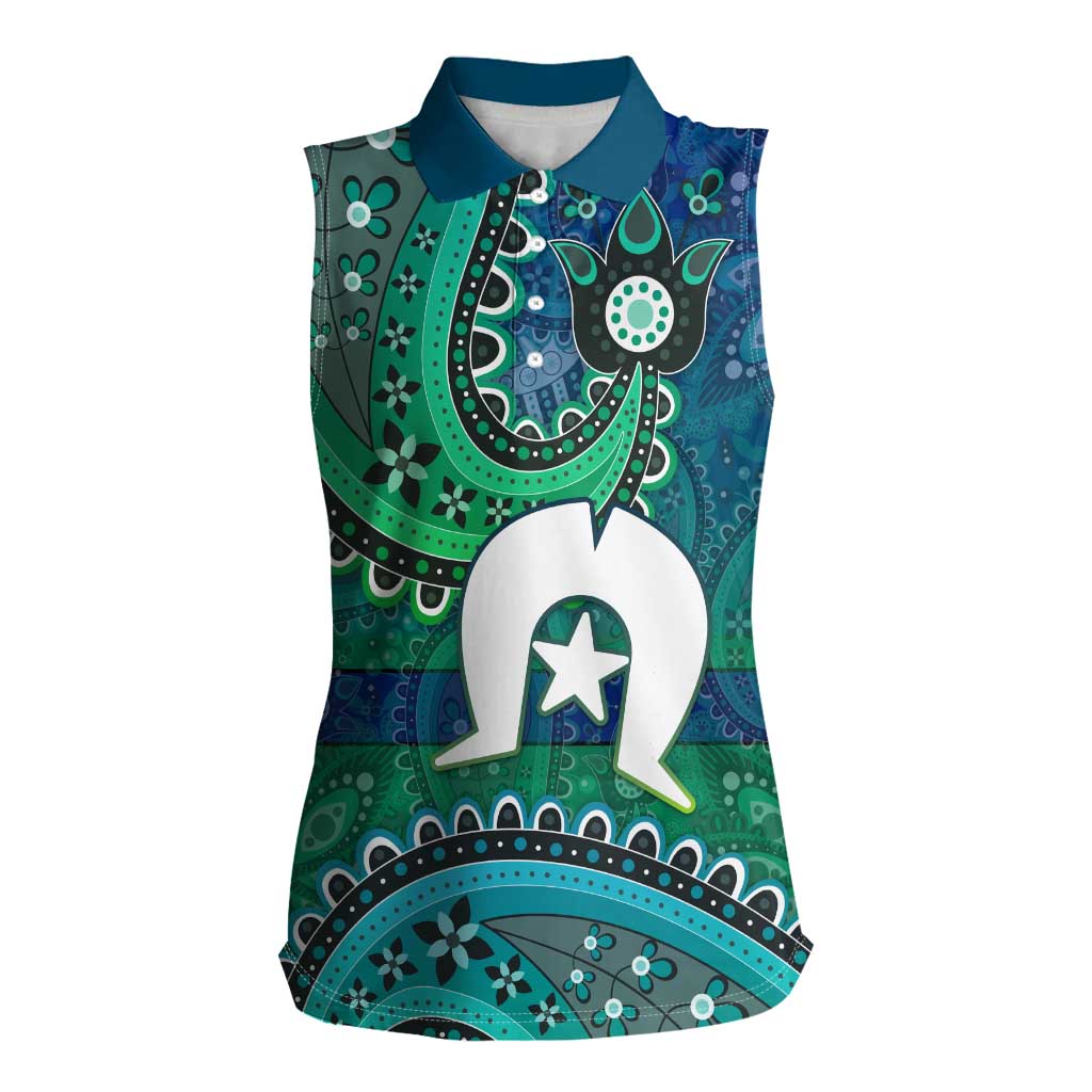 Torres Strait Islands Women Sleeveless Polo Shirt Dhari Emblem Vibrant Teal Indigenous