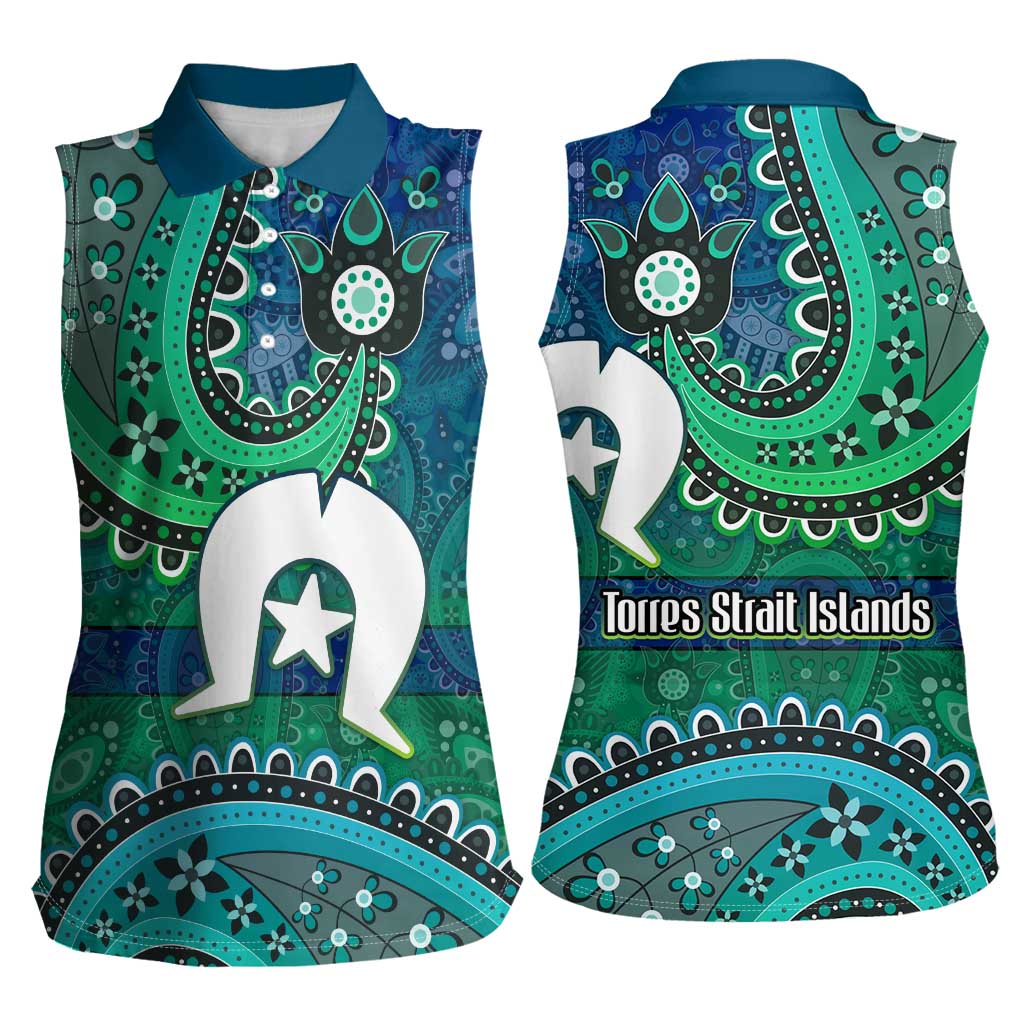 Torres Strait Islands Women Sleeveless Polo Shirt Dhari Emblem Vibrant Teal Indigenous