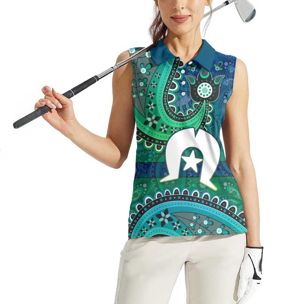 Torres Strait Islands Women Sleeveless Polo Shirt Dhari Emblem Vibrant Teal Indigenous