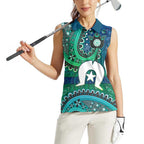 Torres Strait Islands Women Sleeveless Polo Shirt Dhari Emblem Vibrant Teal Indigenous